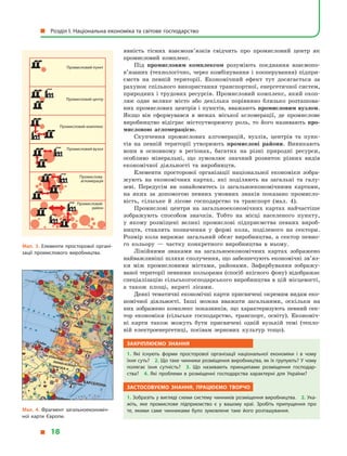 явність тісних взаємозв’язків свідчить про промисловий центр як
промисловий комплекс.
Під промисловим комплексом розуміють поєднання взаємо­по­
в’язаних (технологічно, через комбінування і  кооперування) підпри-
ємств на певній території. Економічний ефект тут досягається за
рахунок спільного використання транспортної, енергетичної систем,
природних і трудових ресурсів. Промисловий комплекс, який охоп­
лює одне велике місто або декілька порівняно близько розташова-
них промислових центрів і пунктів, вважають промисловим вузлом.
Якщо він сформувався в  межах міської агломерації, де промислове
виробництво відіграє містоутворюючу роль, то його називають про­
мисловою агломерацією.
Скупчення промислових алгомерацій, вузлів, центрів та пунк-
тів на певній території утворюють промислові райони. Виникають
вони в  основному в  регіонах, багатих на різні природні ресурси,
особливо мінеральні, що зумовлює значний розвиток різних видів
економічної діяльності та виробництв.
Елементи просторової організації національної економіки зобра-
жують на економічних картах, які поділяють на загальні та галу-
зеві. Передусім ви ознайомитесь із загальноекономічними картами,
на яких за допомогою певних умовних знаків показано промисло-
вість, сільське й  лісове господарство та транспорт (мал. 4).
Промислові центри на загальноекономічних картах найчастіше
зображують способом значків. Тобто на місці населеного пункту,
у  якому розміщені великі промислові підприємства певних вироб-
ництв, ставлять позначення у  формі кола, поділеного на сектори.
Розмір кола виражає загальний обсяг виробництва, а сектор певно-
го кольору  — частку конкретного виробництва в  ньому.
Лінійними знаками на загальноекономічних картах зображено
найважливіші шляхи сполучення, що забезпечують економічні зв’яз­
ки між промисловими містами, районами. Зафарбування зображу-
ваної території певними кольорами (спосіб якісного фону) відображає
спеціалізацію сільськогосподарського виробництва в цій місцево­сті,
а  також площі, вкриті лісами.
Деякі тематичні економічні карти присвячені окремим видам еко-
номічної діяльності. Інші можна вважати загальними, оскільки на
них зображено комплекс показників, що характеризують певний сек-
тор економіки (сільське господарство, транспорт, освіту). Економіч-
ні карти також можуть бути присвячені одній вузькій темі (тепло-
вій електроенергетиці, посівам зернових культур тощо).
Закріплюємо знання
1.  Які існують форми просторової організації національної економіки і  в  чому
їхня суть? 2. Що таке чинники розміщення виробництва, як їх групують? У чому
полягає їхня сутність? 3.  Що називають принципами розміщення господар­
ства? 4.  Які проблеми в  розміщенні господарства характерні для України?
Застосовуємо знання, працюємо творчо
1. Зобразіть у вигляді схеми систему чинників розміщення виробництва. 2. Ука­
жіть, яке промислове підприємство є  у  вашому краї. Зробіть припущення про
те, якими саме чинниками було зумовлене таке його розташування.
Мал. 3. Елементи просторової органі­
зації промислового виробництва.
Промисловий пункт
Промисловий центр
Промисловий комплекс
Промисловий вузол
Промислова
агломерація
Промисловий
район
Мал. 4. Фрагмент загальноекономіч­
ної карти Європи.
  Розділ І. Національна економіка та світове господарство
  18
 