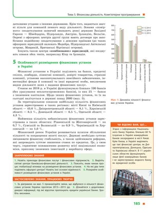 датковими угодами з іншими державами. Крім того, надаються знач­
ні пільги для компаній певного виду діяльності. Зонами «помір-
ного» оподаткування зазвичай вважають деякі держави Західної
Європи  — Швейцарію, Нідерланди, Австрію, Ірландію, Бельгію.
Окремі з  офшорних центрів другої групи мають договори про запо-
бігання подвійному оподаткуванню з  деякими країнами (до таких
офшорних юрисдикцій належать Мадейра, Нідерландські Антильські
острови, Маврикій, Британські Віргінські острови).
Існують також центри «комбінованих» юрисдикцій, які поєдну-
ють ознаки обох типів, наприклад Кіпр та Ірландія.
5	Особливості розміщення фінансових установ
в  Україні
Фінансові установи в  Україні поділяють на банки, кредитні
спілки, ломбарди, лізингові компанії, довірчі товариства, страхові
компанії, установи накопичувального пенсійного забезпечення, ін-
вестиційні фонди й  компанії та інші юридичні особи, виключним
видом діяльності яких є  надання фінансових послуг.
Станом на 2016  р. в  Україні функціонувало близько 100 банків
(без урахування неплатоспроможних банків), із них 25  — банки
з  іноземним капіталом. Щодо інших фінансових установ, то їх на
сьогодні налічується в  державі понад 2000 (мал.  5).
За територіальною ознакою найбільшу кількість фінансових
установ зареєстровано в  таких регіонах: місті Києві та Київській
області — 43,6 %, Дніпропетровській області — 8,1 %, Харківській
області  — 6,5  %, Донецькій області  — 6,5  %, Одеській області  —
4,3  %.
Найменша кількість небанківських фінансових установ зареє-
стрована в  таких областях: Рівненській та Житомирській  — по
0,7  %, Сумській та Волинській  — по 0,9  %, Чернівецькій та Хер-
сонській  — по 1,0  %.
Фінансовий ринок України розвивається шляхом збільшення
кількості та покращення якості послуг. Державі необхідно суттєво
зміцнювати фінансову стабільність, а  також здійснювати реформи,
які запровадять суттєве зниження ставок по кредитах. Це, у  свою
чергу, сприятиме пожвавленню розвитку всієї національної еконо-
міки, припливу іноземних інвестицій у  виробничу сферу.
Закріплюємо знання
1.  Назвіть приклади фінансових послуг і  фінансових підприємств. 2.  Виділіть
світові центри банківсько-фінансової діяльності. 3.  Поясніть, яким чином про­
цес глобалізації впливає на розміщення фінансових установ. 4. На які два типи
поділяють офшорні центри? Назвіть їхні основні відмінності. 5. Розкрийте особ­
ливості розміщення фінансових установ в  Україні.
Застосовуємо знання, працюємо творчо
1.  За діаграмою на мал. 5 проаналізуйте зміни, що відбулися в  кількості фінан­
сових установ України протягом 2013—2015 рр. 2.  Дізнайтеся з  додаткових
джерел інформації, під які відсотки пропонують кредити українські банки. Зро­
біть висновки.
Мал. 5. Динаміка кількості фінансо­
вих установ України.
0
100
200
300
400
500
600
700
800
Страховікомпанії
Кредитніустанови
Юридичніособипублічногоправа
Ломбарди
Фінансовікомпанії
Довірчітовариства
Недержавніпенсійніфонди(НПФ)
АдміністраториНПФ
31.12.2013
31.12.2014
31.12.2015
Чи відомо вам, що…
Згідно з інформацією Національ­
ного банку України, близько 60 %
існуючих в Україні комерційних
банків зосереджені в місті Києві.
Крім Києва, в Україні виділяють
ще такі фінансові центри, як Дні­
пропетровська, Донецька, Одеська
та Харківська області. В  11  україн­
ських областях функціонують
лише філії комерційних банків
і  не зареєстровано жодного банку
як юридичної особи.
Тема 5. Фінансова діяльність. Комп’ютерне програмування 
185 
 