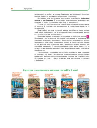 розраховані на роботу в  групах. Завдання, які позначені зірочкою,
автори відносять до завдань підвищеної складності.
До деяких тем навчальною програмою передбачені практичні
роботи та дослідження. У підручнику наведено опис можливого ал-
горитму та деякі статистичні дані для їх виконання.
У додатках до підручника в алфавітному порядку подано основ­
ні поняття й  терміни, що розглядалися в  тексті параграфів, та їх
визначення.
Пам’ятайте, що для успішної роботи потрібно не лише прочи-
тати текст параграфів, але й  використати весь допоміжний матері-
ал, який міститься в  підручнику.
На полях деяких параграфів підручника ви побачите значок .
Це означає, що ви можете поглибити свої знання за допомогою ак-
туальних додаткових матеріалів. Вони містять різноманітну цікаву
інформацію, пов’язану з  вивченою темою, а  також тестові завдан-
ня до розділів, які дадуть вам змогу визначити рівень власних на-
вчальних досягнень. Їх можна виконати вдома або в  класі. Усі ці
матеріали ви знайдете на спеціально розробленому сайті interactive.
ranok.com.ua.
Таким чином, підручник покликаний допомогти вам у  вивчен-
ні географії в  9 класі. Ви зможете пізнати сутність геопросторової
організації національного господарства України та світового гос-
подарства в  цілому. Щиро бажаємо вам натхнення та успіхів
у  навчанні!
Тема 1. Національна економіка
Тема 2. Світове господарство
НаціоНальНа
екоНоміка
Та  свіТове
господарсТворозділ і
Тема 1. Сільське господарство
Тема 2. Лісове господарство
Тема 3. Добувна промисловість
первиННий
секТор
господарсТварозділ II
Тема 1. Виробництво
та  постачання
електроенергії
Тема 2. Металургійне
виробництво
Тема 3. Хімічне виробництво.
Виробництво деревини,
паперу
Тема 4. Виробництво машин
та  устаткування
Тема 5. Виробництво тканин,
одягу, взуття
Тема 6. Виробництво харчових
продуктів, напоїв
вТориННий
секТор
господарсТварозділ III
Тема 1. Транспорт
Тема 2. Торгівля
Тема 3. Туризм
Тема 4. Наукова діяльність.
Освіта. Охорона здоров’я
Тема 5. Фінансова діяльність.
Комп’ютерне
програмування
ТреТиННий
секТор
господарсТварозділ IV
Тема. Глобальні проблеми
людства
глобальНі
проблеми
людсТварозділ V
Структура та послідовність вивчення географії в  9  класі
  ﻿ ﻿﻿  Передмова﻿ Передмова
 