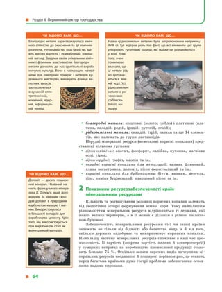 yy благородні метали: коштовні (золото, срібло) і платинові (пла-
тина, паладій, родій, іридій, рутеній, осмій);
yy рідкоземельні метали: скандій, ітрій, лантан та ще 14 елемен-
тів, які належать до групи лантаноїдів.
Нерудні мінеральні ресурси (неметалеві корисні копалини) пред-
ставлені кількома групами:
yy гірничохімічні: апатит, фосфорит, калійна, кухонна, магнієва
солі, сірка;
yy гірничорудні: графіт, каолін та ін.;
yy нерудні корисні копалини для металургії: вапняк флюсовий,
глина вогнетривка, доломіт, пісок формувальний та ін.;
yy корисні копалини для будівництва: бітум, вапняк, мергель,
гіпс, камінь будівельний, кварцовий пісок та ін.
2	Показники ресурсозабезпеченості країн
мінеральними ресурсами
Кількість та розташування родовищ корисних копалин залежать
від геологічної історії формування земної кори. Тому найбільшим
різноманіттям мінеральних ресурсів відрізняються ті держави, які
мають велику територію, а  в  її межах є  ділянки з  різною геологіч-
ною будовою.
Забезпеченість мінеральними ресурсами тієї чи іншої країни
залежить не тільки від бідності або багатства надр, а  й  від того,
скільки держава видобуває та використовує корисних копалин.
Найбільшу частину мінеральних ресурсів споживає в  наш час про-
мисловість. Її вартість (зокрема вартість палива й  електроенергії)
у  сумарних витратах на виробництво промислової продукції стано-
вить близько 75  %. Оскільки запаси окремих видів вичерпних мі-
неральних ресурсів неоднакові й поширені нерівномірно, це ставить
перед багатьма країнами дуже гострі проблеми забезпечення основ­
ними видами сировини.
Чи відомо вам, що…
Назва «рідкоземельні метали» була запропонована наприкінці
XVIII ст. Тут відіграв роль той факт, що всі елементи цієї групи
утворюють тугоплавкі оксиди, які майже не розчиняються
у  воді. Крім
того, вчені
помилково
вважали, що
ці метали рід­
ко зустріча­
ються в  зем­
ній корі. Усі
рідкоземельні
метали є  ре­
човинами
сріблясто-
білого ко­
льору.
Чи відомо вам, що…
Доломіт — досить пошире­
ний мінерал. Названий на
честь французького мінера­
лога Д. Долом’є, який його
відкрив. За хімічним скла­
дом доломіт є природним
карбонатом кальцію і маг­
нію. Використовується
в  більшості випадків для
виробництва цементу. Крім
того, він використовується
при виробництві сталі як
вогнетривкий матеріал.
Чи відомо вам, що…
Благородні метали характеризуються хіміч­
ною стійкістю до окиснення та дії хімічних
реагентів, тугоплавкістю, пластичністю, ма­
ють високу вартість і  привабливий зовніш­
ній вигляд. Завдяки своїм унікальним хіміч­
ним і  фізичним властивостям благородні
метали доносять до нас оригінальні вироби
минулих культур. Вони є  найкращим матері­
алом для ювелірних прикрас і  витворів ху­
дожнього мистецтва, виконують функції ва­
лютних запасів,
застосовуються
в  сучасній елек­
тротехнічній,
космічній, ядер­
ній, інформацій­
ній техніці.
  Розділ II. Первинний сектор господарства
  64
 