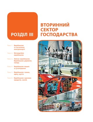 Тема 1. 	Виробництво
та  постачання
електроенергії
Тема 2. 	Металургійне
виробництво
Тема 3. 	Хімічне виробництво.
Виробництво деревини,
паперу
Тема 4. 	Виробництво машин
та  устаткування
Тема 5. 	Виробництво тканин,
одягу, взуття
Тема 6. 	Виробництво харчових
продуктів, напоїв
Вторинний
сектор
господарстваРозділ III
 