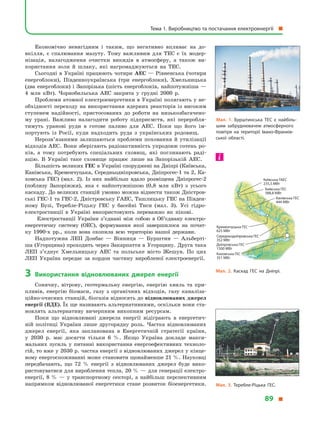 Економічно невигідним і таким, що негативно впливає на до-
вкілля, є спалювання мазуту. Тому важливим для ТЕС є їх модер-
нізація, налагодження очистки викидів в атмосферу, а також ви-
користання золи й шлаку, які нагромаджуються на ТЕС.
Сьогодні в Україні працюють чотири АЕС — Рівненська (чотири
енергоблоки), Південноукраїнська (три енергоблоки), Хмельницька
(два енергоблоки) і Запорізька (шість енергоблоків, найпотужніша —
4 млн кВт). Чорнобильська АЕС закрита у грудні 2000 р.
Проблеми атомної електроенергетики в Україні полягають у не-
обхідності переходу на використання ядерних реакторів із високим
ступенем надійності, пристосованих до роботи на низькозбагачено-
му урані. Важливо налагодити роботу підприємств, які переробля-
тимуть уранові руди в готове паливо для АЕС. Поки що його ім-
портують із Росії, куди надходить руда з українських родовищ.
Нерозв’язаними залишаються проблеми поховання й утилізації
відходів АЕС. Вони зберігають радіоактивність упродовж сотень ро-
ків, а тому потребують спеціальних сховищ, які поглинають раді-
ацію. В Україні таке сховище працює лише на Запорізькій АЕС.
Більшість великих ГЕС в Україні споруджені на Дніпрі (Київська,
Канівська, Кременчуцька, Середньодніпровська, Дніпрогес-1 та 2, Ка-
ховська ГЕС) (мал. 2). Із них найбільш вдало розміщена Дніпрогес-2
(поблизу Запоріжжя), яка є найпотужнішою (0,8 млн кВт) з усього
каскаду. До великих станцій умовно можна віднести також Дністров-
ські ГЕС-1 та ГЕС-2, Дністровську ГАЕС, Ташлицьку ГЕС на Півден-
ному Бузі, Теребле-Ріцьку ГЕС у басейні Тиси (мал. 3). Усі гідро-
електростанції в Україні використовують переважно як пікові.
Електростанції України з’єднані між собою в Об’єднану електро-
енергетичну систему (ОЕС), формування якої завершилося на почат-
ку 1990-х рр., коли вона охопила всю територію нашої держави.
Надпотужна ЛЕП Донбас — Вінниця — Бурштин — Альберті-
ша (Угорщина) проходить через Закарпаття в Угорщину. Друга така
ЛЕП з’єднує Хмельницьку АЕС та польське місто Жешув. По цих
ЛЕП Україна передає за кордон частину виробленої електроенергії.
3 використання відновлюваних джерел енергії
Сонячну, вітрову, геотермальну енергію, енергію хвиль та при-
пливів, енергію біомаси, газу з органічних відходів, газу каналіза-
ційно-очисних станцій, біогазів відносять до відновлюваних джерел
енергії (ВДЕ). Їх ще називають альтернативними, оскільки вони ста-
новлять альтернативу вичерпним викопним ресурсам.
Поки що відновлювані джерела енергії відіграють в енергетич-
ній політиці України лише другорядну роль. Частка відновлюваних
джерел енергії, яка запланована в Енергетичній стратегії країни,
у 2030 р. має досягти тільки 6 %. Якщо Україна докладе макси-
мальних зусиль у питанні використання енергоефективних техноло-
гій, то вже у 2030 р. частка енергії з відновлюваних джерел у кінце-
вому енергоспоживанні може становити щонайменше 21 %. Науковці
передбачають, що 72 % енергії з відновлюваних джерел буде вико-
ристовуватися для вироблення тепла, 20 % — для генерації електро-
енергії, 8 % — у транспортному секторі, а найбільш перспективним
напрямком відновлюваної енергетики стане розвиток біоенергетики.
Мал. 1. Бурштинська ТЕС є  найбіль­
шим забруднювачем атмосферного
повітря на території Івано­Франків­
ської області.
Мал. 2. Каскад ГЕС на Дніпрі.
Мал. 3. Теребле­Ріцька ГЕС.
Київська ГАЕС
235,5 МВт
Київська ГЕС
388,8 МВт
Середньодніпровська ГЕС
352 МВт
Дніпровська ГЕС
1500 МВт
Каховська ГЕС
351 МВт
Канівська ГЕС
444 МВт
Кременчуцька ГЕС
625 МВт
Тема 1. Виробництво та постачання електроенергії
89
 