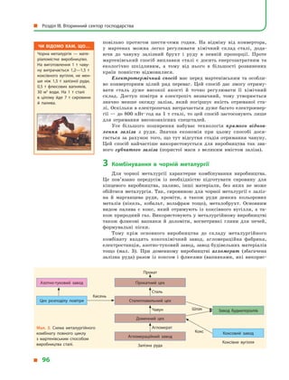 Агломерат
Чавун
Сталь
повільно протягом шести-семи годин. На відміну від конвертора,
у  мартенах можна легко регулювати хімічний склад сталі, дода­
ючи до чавуну залізний брухт і  руду в  певній пропорції. Проте
мартенівський  спосіб виплавки сталі є  досить енергозатратним та
екологічно шкідливим, а  тому від нього в  більшості розвинених
країн повністю відмовилися.
Електротермічний спосіб має перед мартенівським та особли­
во конверторним цілий ряд переваг. Цей спосіб дає змогу отриму­
вати сталь дуже високої якості й  точно регулювати її хімічний
склад. Доступ повітря в  електропіч незначний, тому утворюється
значно менше оксиду заліза, який погіршує якість отриманої ста­
лі. Оскільки в електропечах витрачається дуже багато електроенер­
гії  — до 800  кВт · год на 1  т сталі, то цей спосіб застосовують лише
для отримання високоякісних спецсталей.
Усе більшого поширення набуває технологія прямого віднов-
лення заліза з  руди. Значна економія при цьому способі дося­
гається за рахунок того, що тут відсутня стадія отримання ча­вуну.
Цей спосіб найчастіше використовується для виробництва так зва­
ного губчатого заліза (пористої маси з  великим вмістом заліза).
3	 Комбінування в  чорній металургії
Для чорної металургії характерне комбінування виробництва.
Це пов’язано передусім із необхідністю підготувати сировину для
кінцевого виробництва, паливо, інші матеріали, без яких не може
обійтися металургія. Так, сировиною для чорної металургії є заліз­
на й  марганцева руди, хроміти, а  також руди деяких кольорових
металів (нікель, кобальт, вольфрам тощо), металобрухт. Основним
видом палива є  кокс, який отримують із коксівного вугілля, а  та­
кож природний газ. Використовують у металургійному виробництві
також флюсові вапняки й  доломіти, вогнетривкі глини для печей,
формувальні піски.
Тому крім основного виробництва до складу металургійного
комбінату входять коксохімічний завод, агломераційна фабрика,
електростанція, азотно-туковий завод, завод будівельних матеріалів
тощо (мал. 3). При доменному виробництві агломерат (збагачена
залізна руда) разом із коксом і  флюсами (вапняками, які викорис­
Мал. 3. Схема металургійного
комбінату повного циклу
з  мартенівським способом
виробництва сталі.
Чи відомо вам, що…
Чорна металургія  — мате­
ріаломістке виробництво.
На виготовлення 1  т чаву­
ну витрачається 1,2—1,5  т
коксівного вугілля, не мен­
ше ніж 1,5  т залізної руди,
0,5  т флюсових вапняків,
30  м3
води. На 1  т сталі
в  цілому йде 7  т сировини
й  палива.
Цех розподілу повітря
Азотно-туковий завод
Залізна руда
Агломераційний завод
Доменний цех
Сталеплавильний цех
Прокатний цех
Прокат
Кисень
Шлак
Кокс
Коксівне вугілля
Коксовий завод
Завод будматеріалів
  Розділ III. Вторинний сектор господарства
  96
 