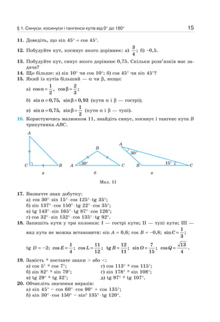 15
11. Доведіть, що sin 45° = cos 45°.
12. Побудуйте кут, косинус якого дорівнює: а)
3
4
; б) –0,5.
13. Побудуйте кут, синус якого дорівнює 0,75. Скільки розв’язків має за-
дача?
14. Що більше: а) sin 10° чи cos 10°; б) cos 45° чи sin 45°?
15. Який із кутів більший — α чи β, якщо:
а) cos ,α =
1
2
cos ;β =
2
3
б) sin , ,α = 0 75 sin ,β = 0 93 (кути α і β — гострі);
в) sin , ,α = 0 75 sinβ =
1
2
(кути α і β — тупі).
16. Користуючись малюнком 11, знайдіть синус, косинус і тангенс кута B
трикутника ABC.
Мал. 11
a
A
C B
б
A
B
C30°
в
B
A
C
30°
15°
17. Визначте знак добутку:
а) cos 30°⋅sin 15° ⋅ cos 125°⋅tg 35°;
б) sin 137° ⋅ cos 150° ⋅ tg 22° ⋅ cos 35°;
в) tg 143° ⋅ sin 165° ⋅ tg 87° ⋅ cos 126°;
г) cos 32° ⋅ sin 132° ⋅ cos 135° ⋅ tg 92°.
18. Запишіть кути у три колонки: I — гострі кути; II — тупі кути; III —
вид кута не можна встановити: sin A = 0,6; cos B = –0,8; sin ;C =
1
3
tg D = –2; cos ;E =
1
4
cos ;L =
11
12
tg ;R =
12
11
sin ;O =
7
15
cos .Q =
13
4
19. Замість * поставте знаки > або <:
а) cos 5° * cos 7°; г) cos 113° * cos 115°;
б) sin 82° * sin 79°; ґ) sin 178° * sin 108°;
в) tg 29° * tg 32°; д) tg 97° * tg 107°.
20. Обчисліть значення виразів:
а) sin 45° – cos 60° ⋅ cos 90° + cos 135°;
б) sin 30° ⋅ cos 150° – sin2
135° ⋅ tg 120°.
§ 1. Синуси, косинуси і тангенси кутів від 0° до 180°
 