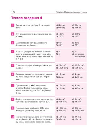 Розділ 4. Правильні многокутники178
ТЕСТОВІ ЗАВДАННЯ 4
1 Довжина кола радіуса 6 см дорів-
нює:
а) 3π см; в) 12π см;
б) 6π см; г) 36π см.
2 Кут правильного шестикутника до-
рівнює:
а) 110°; в) 135°;
б) 120°; г) 150°.
3 Центральний кут правильного
8-кутника дорівнює:
а) 60°; в) 45°;
б) 40°; г) 72°.
4 R і r — радіуси описаного і вписа-
ного в правильний трикутник кіл.
Який знак слід поставити замість *:
R * 2r?
а) >; в) =;
б) <; г) не можна
встановити.
5 Площа півкруга діаметра 10 см до-
рівнює:
а) 25π см2
; в) 12,5π см2
;
б) 100π см2
; г) 50π см2
.
6 Сторона квадрата, описаного навко-
ло кола завдовжки 16π см, дорів-
нює:
а) 16 см; в) 4 см;
б) 8 см; г) 4 2 см.
7 Правильний ABC вписаний
в коло. Знайдіть довжину кола,
якщо довжина дуги ВАС дорівнює
6 см.
а) 12π см; в) 9 см;
б) 12 см; г) 4 3π см.
8 Знайдіть площу сектора круга радіу-
са 6 см з центральним кутом 60°.
а) 6π см2
; в) 9π см2
;
б) 36π см2
; г) 2π см2
.
9 Площа круга дорівнює 100π см2
.
Знайдіть довжину його кола.
а) 100π см; в) 20π см;
б) 50π см; г) 2500π см.
10 Периметр правильного шестикутни-
ка дорівнює 48 см. Знайдіть довжи-
ну кола, описаного навколо нього.
а) 16π см; в) 8π см;
б) 96π см; г) 12π см.
 