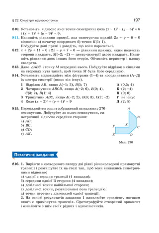 197
810. Установіть, відносно якої точки симетричні кола (х – 1)2
+ (y – 5)2
= 6
і (х + 7)2
+ (y – 9)2
= 6.
811. Напишіть рівняння прямої, яка симетрична прямій 2х + y – 6 = 0
відносно: а) початку координат; б) точки K(1; 1).
Побудуйте дані прямі і доведіть, що вони паралельні.
812. x + 2y + 11 = 0 і 2х – y + 7 = 0 — рівняння прямих, яким належать
сторони квадрата, M(–2; –2) — центр симетрії цього квадрата. Напи-
шіть рівняння двох інших його сторін. Обчисліть периметр і площу
квадрата.
813. Дано ∠ABC і точку M всередині нього. Побудуйте відрізок з кінцями
на сторонах кута такий, щоб точка M була його серединою.
814. Установіть відповідність між фігурами (1–4) та координатами (А–Д)
їх центра симетрії (якщо він існує).
1 Відрізок AB, якщо А(–1; 3), B(5; 7)
2 Чотирикутник ABCD, якщо A(–2; 6), B(0; 4),
C(3; 2), D(1; 4)
3 Трикутник ABC, якщо A(–2; 2), B(3; 3), C(2; –2)
4 Коло (х – 2)2
+ (y + 4)2
= 9
А (0,5; 4)
Б (2; –4)
В (0; 0)
Г не існує
Д (2; 5)
815. Перемалюйте в зошит зображений на малюнку 270
семикутник. Добудуйте до нього семикутник, си-
метричний відносно середини сторони:
а) AB;
б) BC;
в) CD;
г) AK.
ПРАКТИЧНЕ ЗАВДАННЯ
816. 1. Виріжте з кольорового паперу дві рівні різнокольорові прямокутні
трапеції і розташуйте їх на столі так, щоб вони виявились симетрич-
ними відносно:
а) однієї з вершин трапеції (4 випадки);
б) середини однієї її сторони (4 випадки);
в) довільної точки найбільшої сторони;
г) довільної точки, розташованої поза трапецією;
д) точки перетину діагоналей однієї трапеції.
2. На основі результатів завдання 1 намалюйте орнамент, мотивом
якого є прямокутна трапеція. Сфотографуйте створений орнамент
і ознайомте з ним своїх рідних і однокласників.
F K
A
B
C
E D
Мал. 270
§ 22. Симетрія відносно точки
 