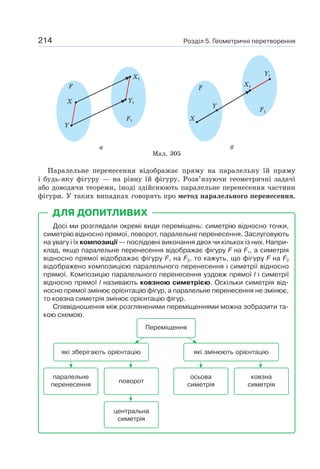 Розділ 5. Геометричні перетворення214
Мал. 305
а
F
F1
Y1
X1
X
Y
б
F
F1
X
Y
Y1
X1
Паралельне перенесення відображає пряму на паралельну їй пряму
і будь-яку фігуру — на рівну їй фігуру. Розв’язуючи геометричні задачі
або доводячи теореми, іноді здійснюють паралельне перенесення частини
фігури. У таких випадках говорять про метод паралельного перенесення.
Досі ми розглядали окремі види переміщень: симетрію відносно точки,
симетрію відносно прямої, поворот, паралельне перенесення. Заслуговують
на увагу і їх композиції — послідовні виконання двох чи кількох із них. Напри-
клад, якщо паралельне перенесення відображає фігуру F на F1, а симетрія
відносно прямої відображає фігуру F1 на F2, то кажуть, що фігуру F на F2
відображено композицією паралельного перенесення і симетрії відносно
прямої. Композицію паралельного перенесення уздовж прямої l і симетрії
відносно прямої l називають ковзною симетрією. Оскільки симетрія від-
носно прямої змінює орієнтацію фігур, а паралельне перенесення не змінює,
то ковзна симетрія змінює орієнтацію фігур.
Співвідношення між розгляненими переміщеннями можна зобразити та-
кою схемою.
Переміщення
центральна
симетрія
осьова
симетрія
ковзна
симетрія
паралельне
перенесення
поворот
які зберігають орієнтацію які змінюють орієнтацію
ДЛЯ ДОПИТЛИВИХ
 