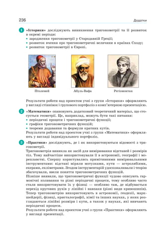 236 Додатки
1 «Історики» досліджують виникнення тригонометрії та її розвиток
в окремі періоди:
• зародження тригонометрії у Стародавній Греції;
• розвиток вчення про тригонометричні величини в країнах Сходу;
• розвиток тригонометрії в Європі.
Птолемей Абуль-Вафа Регіомонтан
Результати роботи над проектом учні з групи «Історики» оформляють
у вигляді стіннівок і групового портфоліо з комп’ютерною презентацією.
2 «Математики» опановують додатковий теоретичний матеріал, що сто-
сується геометрії. Це, наприклад, можуть бути такі питання:
• періодичні процеси і тригонометричні функції;
• графіки тригонометричних функцій;
• теореми додавання та формули кратних кутів.
Результати роботи над проектом учні з групи «Математики» оформля-
ють у вигляді індивідуального портфоліо.
3 «Практики» досліджують, де і як використовуються відомості з три-
гонометрії.
Тригонометрія виникла як засіб для вимірювання відстаней і розмірів
тіл. Тому найчастіше використовували її в астрономії, географії і мо-
реплавстві. Спершу користувались примітивними вимірювальними
інструментами: відстані міряли мотузками, кути — астролябіями,
екерами, екліметрами. Згодом інструментарій удосконалювали і теорію
збагачували, ввели поняття тригонометричних функцій.
Пізніше виявили, що тригонометричні функції чудово описують гар-
монічні коливання та різні періодичні процеси, тому особливо часто
стали використовувати їх у фізиці — особливо там, де відбувається
перехід кругових рухів у лінійні і навпаки (різні види кривошипів).
Тепер тригонометрію використовують в астрономії, геодезії, марк-
шейдерії, фізиці, кристалографії, хімії та інших науках, у яких роз-
глядаються лінійні розміри і кути, а також у науках, які вивчають
періодичні процеси.
Результати роботи над проектом учні з групи «Практики» оформляють
у вигляді презентації.
 