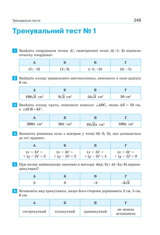 249
Тренувальний тест №1
1 Знайдіть координати точки ′A , симетричної точці A(–1; 3) відносно
початку координат.
А Б В Г
(1; –3) (1; 3) (–1; –3) (3; –1)
2 Знайдіть площу правильного шестикутника, вписаного в коло радіуса
6 см.
А Б В Г
108 3 см2
9 3 см2
54 3 см2
36 см2
3 Знайдіть площу круга, описаного навколо ABC, якщо AB = 10 см,
а ∠ = °ACB 45 .
А Б В Г
200π см2
50π см2
10 2π см2 100π см2
4 Запишіть рівняння кола з центром у точці O(–3; 2), яке дотикається
до осі ординат.
А Б В Г
(x + 3)2
+
+ (y – 2)2
= 3
(x + 3)2
+
+ (y – 2)2
= 2
(x + 3)2
+
+ (y – 2)2
= 4
(x + 3)2
+
+ (y – 2)2
= 9
5 При якому найменшому значенні a вектори m(a; 3) і n(–2a; 6) перпен-
дикулярні?
А Б В Г
3 9 –3 −3 2
6 Встановіть вид трикутника, якщо його сторони дорівнюють 2 см, 5 см,
6 см.
А Б В Г
гострокутний тупокутний прямокутний
не можна
встановити
Тренувальні тести
 
