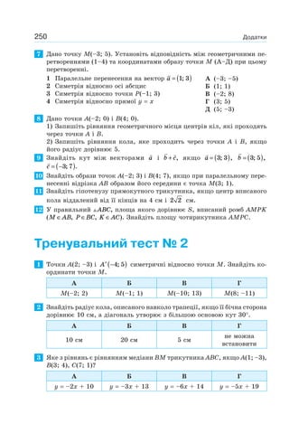 250 Додатки
7 Дано точку M(–3; 5). Установіть відповідність між геометричними пе-
ретвореннями (1–4) та координатами образу точки M (А–Д) при цьому
перетворенні.
1 Паралельне перенесення на вектор a = ( )1 3;
2 Симетрія відносно осі абсцис
3 Симетрія відносно точки P(–1; 3)
4 Симетрія відносно прямої y = x
А (–3; –5)
Б (1; 1)
В (–2; 8)
Г (3; 5)
Д (5; –3)
8 Дано точки A(–2; 0) і B(4; 0).
1) Запишіть рівняння геометричного місця центрів кіл, які проходять
через точки A і B.
2) Запишіть рівняння кола, яке проходить через точки A і B, якщо
його радіус дорівнює 5.
9 Знайдіть кут між векторами a і b c+ , якщо a = ( )3 3; , b = ( )3 5; ,
c = −( )3 7; .
10 Знайдіть образи точок A(–2; 3) і B(4; 7), якщо при паралельному пере-
несенні відрізка AB образом його середини є точка M(3; 1).
11 Знайдіть гіпотенузу прямокутного трикутника, якщо центр вписаного
кола віддалений від її кінців на 4 см і 2 2 см.
12 У правильний ABC, площа якого дорівнює S, вписаний ромб AMPK
(M AB∈ , P BC∈ , K AC∈ ). Знайдіть площу чотирикутника AMPC.
Тренувальний тест № 2
1 Точки A(2; –3) і ′ −( )A 4 5; симетричні відносно точки M. Знайдіть ко-
ординати точки M.
А Б В Г
M(–2; 2) M(–1; 1) M(–10; 13) M(8; –11)
2 Знайдіть радіус кола, описаного навколо трапеції, якщо її бічна сторона
дорівнює 10 см, а діагональ утворює з більшою основою кут 30°.
А Б В Г
10 см 20 см 5 см
не можна
встановити
3 Яке з рівнянь є рівнянням медіани BM трикутника ABC, якщо A(1; –3),
B(3; 4), C(7; 1)?
А Б В Г
y = –2x + 10 y = –3x + 13 y = –6x + 14 y = –5x + 19
 