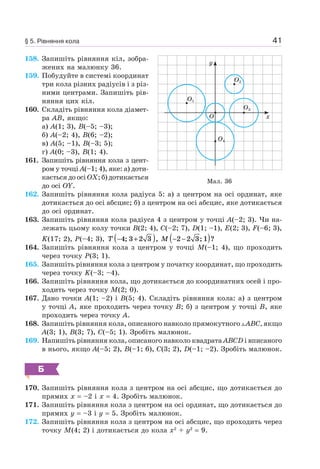 41
158. Запишіть рівняння кіл, зобра-
жених на малюнку 36.
159. Побудуйте в системі координат
три кола різних радіусів і з різ-
ними центрами. Запишіть рів-
няння цих кіл.
160. Складіть рівняння кола діамет-
ра AB, якщо:
а) A(1; 3), B(–5; –3);
б) A(–2; 4), B(6; –2);
в) A(5; –1), B(–3; 5);
г) A(0; –3), B(1; 4).
161. Запишіть рівняння кола з цент-
ром у точці A(–1; 4), яке: а) доти-
кається до осі OX; б) дотикається
до осі OY.
162. Запишіть рівняння кола радіуса 5: а) з центром на осі ординат, яке
дотикається до осі абсцис; б) з центром на осі абсцис, яке дотикається
до осі ординат.
163. Запишіть рівняння кола радіуса 4 з центром у точці A(–2; 3). Чи на-
лежать цьому колу точки B(2; 4), C(–2; 7), D(1; –1), E(2; 3), F(–6; 3),
K(17; 2), P(–4; 3), T − +( )4 3 2 3; , M − −( )2 2 3 1; ?
164. Запишіть рівняння кола з центром у точці M(–1; 4), що проходить
через точку P(3; 1).
165. Запишіть рівняння кола з центром у початку координат, що проходить
через точку K(–3; –4).
166. Запишіть рівняння кола, що дотикається до координатних осей і про-
ходить через точку M(2; 0).
167. Дано точки A(1; –2) і B(5; 4). Складіть рівняння кола: а) з центром
у точці A, яке проходить через точку B; б) з центром у точці B, яке
проходить через точку A.
168. Запишіть рівняння кола, описаного навколо прямокутного ABC, якщо
A(3; 1), B(3; 7), C(–5; 1). Зробіть малюнок.
169. Напишіть рівняння кола, описаного навколо квадрата ABCD і вписаного
в нього, якщо A(–5; 2), B(–1; 6), C(3; 2), D(–1; –2). Зробіть малюнок.
Б
170. Запишіть рівняння кола з центром на осі абсцис, що дотикається до
прямих x = –2 і x = 4. Зробіть малюнок.
171. Запишіть рівняння кола з центром на осі ординат, що дотикається до
прямих y = –3 і y = 5. Зробіть малюнок.
172. Запишіть рівняння кола з центром на осі абсцис, що проходить через
точку M(4; 2) і дотикається до кола x2
+ y2
= 9.
Мал. 36
y
х
O1
O2
O3
O4
O
§ 5. Рівняння кола
 