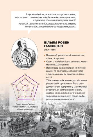ВІЛЬЯМ РОВЕН
ГАМІЛЬТОН
(1806–1865)
Існує відмінність, але жодного протистояння,
між теорією і практикою: теорія залежить від практики,
а практика повинна передувати теорії.
На землі немає нічого більш вражаючого за людину
і нічого більш особливого за людський розум.
1 2
3
4
5
6
15
7
13
18
8
14915
10
11
16
17
1920
Одне з розв’язань
головоломки Гамільтона
«Навколо світу»
• Видатний ірландський математик,
фізик, астроном.
• Один із найвідоміших світових мате-
матиків XIX століття.
• Його праці вирізняються глибиною
думки та оригінальністю методів
з притаманним їм знаком геніаль-
ності.
У багатьох своїх винаходах він випе-
редив своїх сучасників. Його фун-
даментальні відкриття у матиматиці
стосуються комплексних чисел,
кватерніонів, векторного числення
та векторного аналізу, теорії дифе-
ренціальних рівнянь тощо.
 