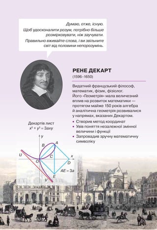 Думаю, отже, існую.
Щоб удосконалити розум, потрібно більше
розмірковувати, ніж заучувати.
Правильно вживайте слова, і ви звільните
світ від половини непорозумінь.
РЕНЕ ДЕКАРТ
(1596–1650)
Видатний французький філософ,
математик, фізик, фізіолог.
Його «Геометрія» мала величезний
вплив на розвиток математики —
протягом майже 150 років алгебра
й аналітична геометрія розвивалися
у напрямах, вказаних Декартом.
• Створив метод координат
• Увів поняття незалежної змінної
величини і функції
• Запровадив зручну математичну
символіку
Декартів лист
х3
+ у3
= 3аху
y
A
AE = 3a
B
C
E
O
U
V
x
D
 