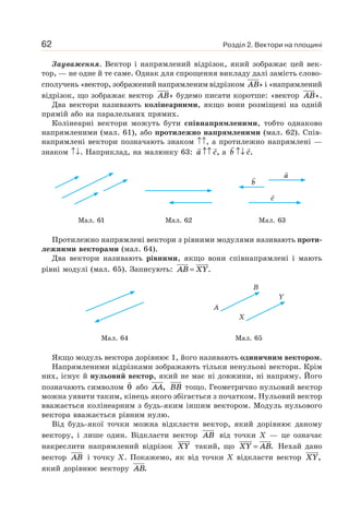 Розділ 2. Вектори на площині62
Зауваження. Вектор і напрямлений відрізок, який зображає цей век-
тор, — не одне й те саме. Однак для спрощення викладу далі замість слово-
сполучень «вектор, зображений напрямленим відрізком AB» і «напрямлений
відрізок, що зображає вектор AB» будемо писати коротше: «вектор AB».
Два вектори називають колінеарними, якщо вони розміщені на одній
прямій або на паралельних прямих.
Колінеарні вектори можуть бути співнапрямленими, тобто однаково
напрямленими (мал. 61), або протилежно напрямленими (мал. 62). Спів-
напрямлені вектори позначають знаком ↑↑, а протилежно напрямлені —
знаком ↑↓. Наприклад, на малюнку 63: a c↑↑ , а b c↑↓ .
a
b
c
Мал. 61 Мал. 62 Мал. 63
Протилежно напрямлені вектори з рівними модулями називають проти-
лежними векторами (мал. 64).
Два вектори називають рівними, якщо вони співнапрямлені і мають
рівні модулі (мал. 65). Записують: AB XY= .
A
X
B
Y
Мал. 64 Мал. 65
Якщо модуль вектора дорівнює 1, його називають одиничним вектором.
Напрямленими відрізками зображають тільки ненульові вектори. Крім
них, існує й нульовий вектор, який не має ні довжини, ні напряму. Його
позначають символом 0 або AA, BB тощо. Геометрично нульовий вектор
можна уявити таким, кінець якого збігається з початком. Нульовий вектор
вважається колінеарним з будь-яким іншим вектором. Модуль нульового
вектора вважається рівним нулю.
Від будь-якої точки можна відкласти вектор, який дорівнює даному
вектору, і лише один. Відкласти вектор AB від точки X — це означає
накреслити напрямлений відрізок XY такий, що XY AB= . Нехай дано
вектор AB і точку X. Покажемо, як від точки X відкласти вектор XY,
який дорівнює вектору AB.
 