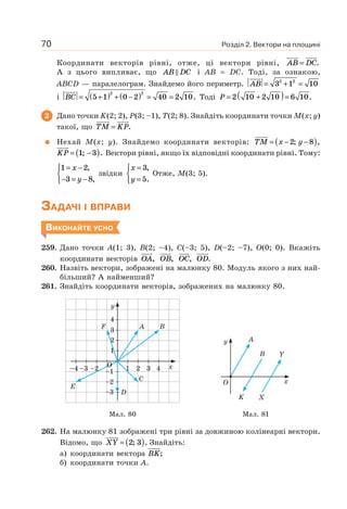 Розділ 2. Вектори на площині70
Координати векторів рівні, отже, ці вектори рівні, AB DC= .
А з цього випливає, що AB DC і AB = DC. Тоді, за ознакою,
ABCD — паралелограм. Знайдемо його периметр. AB = + =3 1 102 2
і BC = +( ) + −( ) = =5 1 0 2 40 2 10
2 2
. Тоді P = +( )=2 10 2 10 6 10.
2 Дано точки K(2; 2), P(3; –1), T(2; 8). Знайдіть координати точки M(x; y)
такої, що TM KP= .
Нехай M(x; y). Знайдемо координати векторів: TM x y= − −( )2 8; ,
KP = −( )1 3; . Вектори рівні, якщо їх відповідні координати рівні. Тому:
1 2
3 8
= −
− = −
⎧
⎨
⎩
x
y
,
,
звідки
x
y
=
=
⎧
⎨
⎩
3
5
,
.
Отже, M(3; 5).
ЗАДАЧІ І ВПРАВИ
ВИКОНАЙТЕ УСНО
259. Дано точки A(1; 3), B(2; –4), C(–3; 5), D(–2; –7), O(0; 0). Вкажіть
координати векторів OA, OB, OC, OD.
260. Назвіть вектори, зображені на малюнку 80. Модуль якого з них най-
більший? А найменший?
261. Знайдіть координати векторів, зображених на малюнку 80.
1
–2
–1
–3
–2–3–4 1 3 4
2
3
4
y
x
BAF
C
D
E
2O
y
x
B Y
K X
A
O
Мал. 80 Мал. 81
262. На малюнку 81 зображені три рівні за довжиною колінеарні вектори.
Відомо, що XY = ( )2 3; . Знайдіть:
а) координати вектора BK;
б) координати точки A.
 