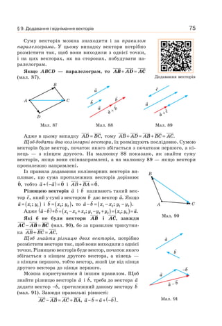 75
Суму векторів можна знаходити і за правилом
паралелограма. У цьому випадку вектори потрібно
розмістити так, щоб вони виходили з однієї точки,
і на цих векторах, як на сторонах, побудувати па-
ралелограм.
Якщо ABCD — паралелограм, то AB AD AC+ =
(мал. 87).
A C
B
D
a
a
b
b
a
b
+
c
a +
c
a
Мал. 87 Мал. 88 Мал. 89
Адже в цьому випадку AD BC= , тому AB AD AB BC AC+ = + = .
Щоб додати два колінеарні вектори, їх розміщують послідовно. Сумою
векторів буде вектор, початок якого збігається з початком першого, а кі-
нець — з кінцем другого. На малюнку 88 показано, як знайти суму
векторів, якщо вони співнапрямлені, а на малюнку 89 — якщо вектори
протилежно напрямлені.
Із правила додавання колінеарних векторів ви-
пливає, що сума протилежних векторів дорівнює
0, тобто a a+ −( ) = 0 і AB BA+ = 0.
Різницею векторів a і b називають такий век-
тор c, який у сумі з вектором b дає вектор a. Якщо
a x y= ( )1 1; і b x y= ( )2 2; , то a b x x y y− = − −( )1 2 1 2; .
Адже a b b x x x y y y x y a−( )+ = − + − +( )=( )=1 2 2 1 2 2 1 1; ; .
Які б не були вектори AB і AC, завжди
AC AB BC− = (мал. 90), бо за правилом трикутни-
ка AB BC AC+ = .
Щоб знайти різницю двох векторів, потрібно
розмістити вектори так, щоб вони виходили з однієї
точки. Різницею векторів буде вектор, початок якого
збігається з кінцем другого вектора, а кінець —
з кінцем першого, тобто вектор, який іде від кінця
другого вектора до кінця першого.
Можна користуватися й іншим правилом. Щоб
знайти різницю векторів a і b, треба до вектора a
додати вектор −b, протилежний даному вектору b
(мал. 91). Завжди правильні рівності:
AC AB AC BA− = + , a b a b− = + −( ).
Мал. 90
A
B
C
Мал. 91
a
b
a
−b
a b–
§ 9. Додавання і віднімання векторів
Додавання векторів
 