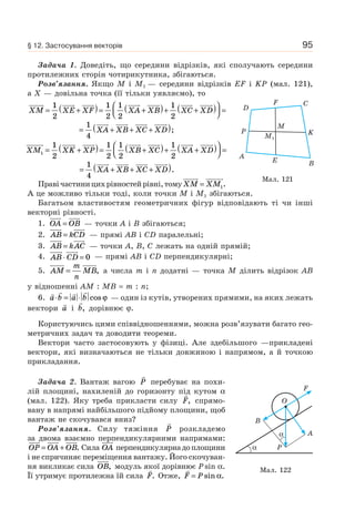 95
Задача 1. Доведіть, що середини відрізків, які сполучають середини
протилежних сторін чотирикутника, збігаються.
Розв’язання. Якщо M і M1 — середини відрізків EF і KP (мал. 121),
а X — довільна точка (її тільки уявляємо), то
XM XE XF XA XB XC= +( )= +( )+
1
2
1
2
1
2
1
2
+( )⎛
⎝⎜
⎞
⎠⎟ =XD
= + + +( )1
4
XA XB XC XD ;
XM XK XP XB XC XA1
1
2
1
2
1
2
1
2
= +( )= +( )+ +( )⎛
⎝⎜
⎞
⎠⎟ =XD
= + + +( )1
4
XA XB XC XD .
Правічастиницихрівностейрівні,тому XM XM= 1.
А це можливо тільки тоді, коли точки M і M1 збігаються.
Багатьом властивостям геометричних фігур відповідають ті чи інші
векторні рівності.
1. OA OB= — точки A і B збігаються;
2. AB kCD= — прямі AB і CD паралельні;
3. AB kAC= — точки A, B, C лежать на одній прямій;
4. AB CD⋅ = 0 — прямі AB і CD перпендикулярні;
5. AM
m
n
MB= , а числа m і n додатні — точка M ділить відрізок AB
у відношенні AM : MB = m : n;
6. a b a b⋅ = ⋅ cos ϕ — один із кутів, утворених прямими, на яких лежать
вектори a і b, дорівнює ϕ.
Користуючись цими співвідношеннями, можна розв’язувати багато гео-
метричних задач та доводити теореми.
Вектори часто застосовують у фізиці. Але здебільшого —прикладені
вектори, які визначаються не тільки довжиною і напрямом, а й точкою
прикладання.
Задача 2. Вантаж вагою P перебуває на похи-
лій площині, нахиленій до горизонту під кутом α
(мал. 122). Яку треба прикласти силу F, спрямо-
вану в напрямі найбільшого підйому площини, щоб
вантаж не скочувався вниз?
Розв’язання. Силу тяжіння P розкладемо
за двома взаємно перпендикулярними напрямами:
OP OA OB= + . Сила OA перпендикулярнадоплощини
і не спричиняє переміщення вантажу. Його скочуван-
ня викликає сила OB, модуль якої дорівнює Psin α.
Її утримує протилежна їй сила F. Отже, F P= sin .α
Мал. 121
D
CF
E
A
B
P K
M
M1
Мал. 122
α
α
B
F
O
A
P
§ 12. Застосування векторів
 
