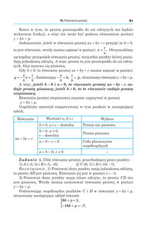 10. Równanie prostej 91
Rzecz w tym, że prosta prostopadła do osi odciętych nie będzie
wykresem funkcji, a więc nie może być podana równaniem postaci
y = kx + p.
Jednocześnie, jeżeli w równaniu prostej ax + by = c przyjąć że b = 0,
to jest równanie, wtedy można zapisać w postaci: x
c
a
= . Otrzymaliśmy
szczególny przypadek równania prostej, wszystkie punkty której posia-
dają jednakową odciętą. A więc, prosta ta jest prostopadła do osi odcię-
tych. Ona nazywa się pionową.
Gdy b ≠ 0, to równanie prostej ax + by = c można zapisać w postaci:
y x
a
b
c
b
= − + . Zamieniając − =
a
b
k,
c
b
p= , otrzymamyrównaniey = kx + p.
A więc, jeżeli b = 0 і a ≠ 0, to równanie prostej ax + by = c za-
daje prostą pionową; jeżeli b ≠ 0, to te równanie zadaje prostą
niepionową.
Równania prostej niepionowej zręcznie zapisywać w postaci
y = kx + p.
Uogólnimy materiał rozpatrywany w tym punkcie w następującej
tabeli.
Równanie Wartości a, b і c Wykres
ax + by = c
b ≠ 0, a і c – dowolne Prosta nie pionowa
b = 0, a ≠ 0,
c – dowolna
Prosta pionowa
a = b = c = 0 Cała płaszczyzna
współrzędnych
a = b = 0, c ≠ 0 –
Zadanie 1. Ułóż równanie prostej, przechodzącej przez punkty:
1) A (–3; 5) і B (–3; –6); 	 2) C (6; 1) і D (–18; –7).
Rozwiązanie. 1) Ponieważ dane punkty mają jednakową odciętą,
to prosta AB jest pionową. Równanie jej jest w postaci x = –3.
2) Ponieważ dane punkty mają różne odcięte, to prosta CD nie
jest pionową. Wtedy można zastosować równanie prostej w postaci
y = kx + p.
Podstawiając współrzędne punktów C i D w równanie y = kx + p,
otrzymamy następujący układ równań:
6 1
18 7
k p
k p
+ =
− + = −



,
.
 