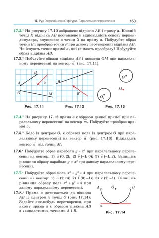 17. Рух (переміщення) фігури. Паралельне перенесення 163
17.2.° На рисунку 17.10 зображено відрізок AB і пряму a. Кожній
точці X відрізка AB поставлено у відповідність основу перпен-
дикуляра, опущеного з точки X на пряму a. Побудуйте образ
точки E і прообраз точки F при даному перетворенні відрізка AB.
Чи існують точки прямої a, які не мають прообразу? Побудуйте
образ відрізка AB.
17.3.° Побудуйте образи відрізка AB і променя OM при паралель-
ному перенесенні на вектор a (рис. 17.11).
aA
B
O M
a
m
O1
O
M
Рис. 17.11 Рис. 17.12 Рис. 17.13
17.4.° На рисунку 17.12 пряма a є образом деякої прямої при па-
ралельному перенесенні на вектор m. Побудуйте прообраз пря-
мої a.
17.5.° Коло із центром O1 є образом кола із центром O при пара-
лельному перенесенні на вектор a (рис. 17.13). Відкладіть
вектор a від точки M.
17.6.•
 Побудуйте образ параболи y = x2
при паралельному перене-
сенні на вектор: 1)  a ( ; );0 2 2) b ( ; );−1 0 3) c ( ; ).−1 2 Запишіть
рівняння образу параболи y = x2
при даному паралельному пере-
несенні.
17.7.•
 Побудуйте образ кола x2
 + y2
 = 4 при паралельному перене-
сенні на вектор: 1)  a ( ; );2 0 2) b ( ; );0 1− 3) c ( ; ).2 1− Запишіть
рівняння образу кола x2
 + y2
 = 4 при
даному паралельному перенесенні.
17.8.•
  Пряма a дотикається до півкола
AB із центром у точці O (рис. 17.14).
Задайте яке-небудь перетворення, при
якому пряма a є образом півкола AB
з «виколотими» точками A і B.
a
BOA
Рис. 17.14
 