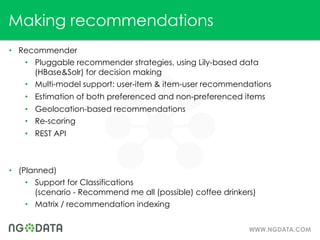 Making recommendations
•  Recommender
    •  Pluggable recommender strategies, using Lily-based data
       (HBase&Solr) f...