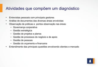 Atividades que compõem um diagnóstico
• Entrevistas pessoais com principais gestores
• Análise de documentos das diversas áreas envolvidas
• Observação de práticas e pontos observação nas áreas:
– Governança corporativa
– Gestão estratégica
– Gestão de projetos e planos
– Gestão de processos do negócio e de apoio
– Gestão de pessoas
– Gestão do orçamento e financeira
• Entendimento das principais questões envolvendo clientes e mercado
 