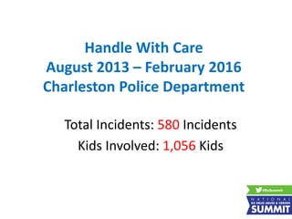 Handle With Care
August 2013 – February 2016
Charleston Police Department
Total Incidents: 580 Incidents
Kids Involved: 1,056 Kids
 