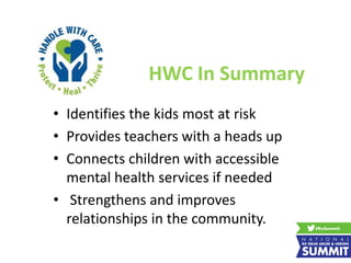 HWC In Summary
• Identifies the kids most at risk
• Provides teachers with a heads up
• Connects children with accessible
mental health services if needed
• Strengthens and improves
relationships in the community.
 
