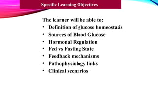 The learner will be able to:
• Definition of glucose homeostasis
• Sources of Blood Glucose
• Hormonal Regulation
• Fed vs Fasting State
• Feedback mechanisms
• Pathophysiology links
• Clinical scenarios
Specific Learning Objectives
 