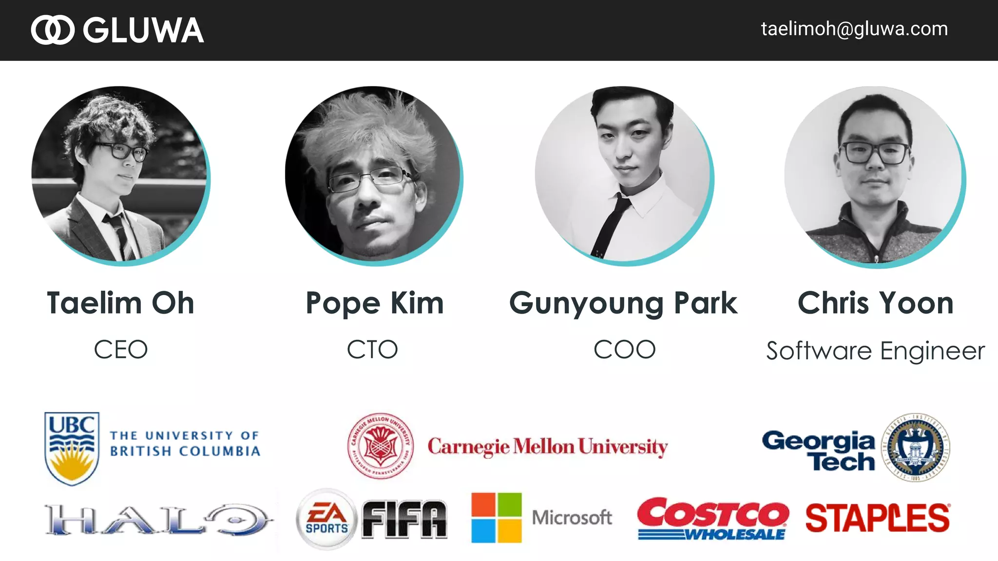 Taelim Oh Pope Kim Gunyoung Park
CEO CTO COO
Chris Yoon
Software Engineer
taelimoh@gluwa.comtaelimoh@gluwa.com
 