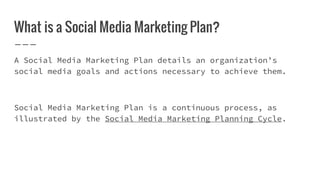 What is a Social Media Marketing Plan?
A Social Media Marketing Plan details an organization’s
social media goals and actions necessary to achieve them.
Social Media Marketing Plan is a continuous process, as
illustrated by the Social Media Marketing Planning Cycle.
 
