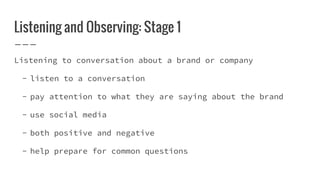 Listening and Observing: Stage 1
Listening to conversation about a brand or company
- listen to a conversation
- pay attention to what they are saying about the brand
- use social media
- both positive and negative
- help prepare for common questions
 