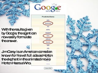 With the results given by Google, the agent can now easily formulate the answer. Jim Carey is an American comedian known for his wit full acts as Horton the elephant in the animated movie Horton Hears a Who. 