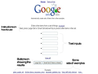 The Homepage Instructions on how to use Text inputs Buttons on showing the results Some sets of examples 