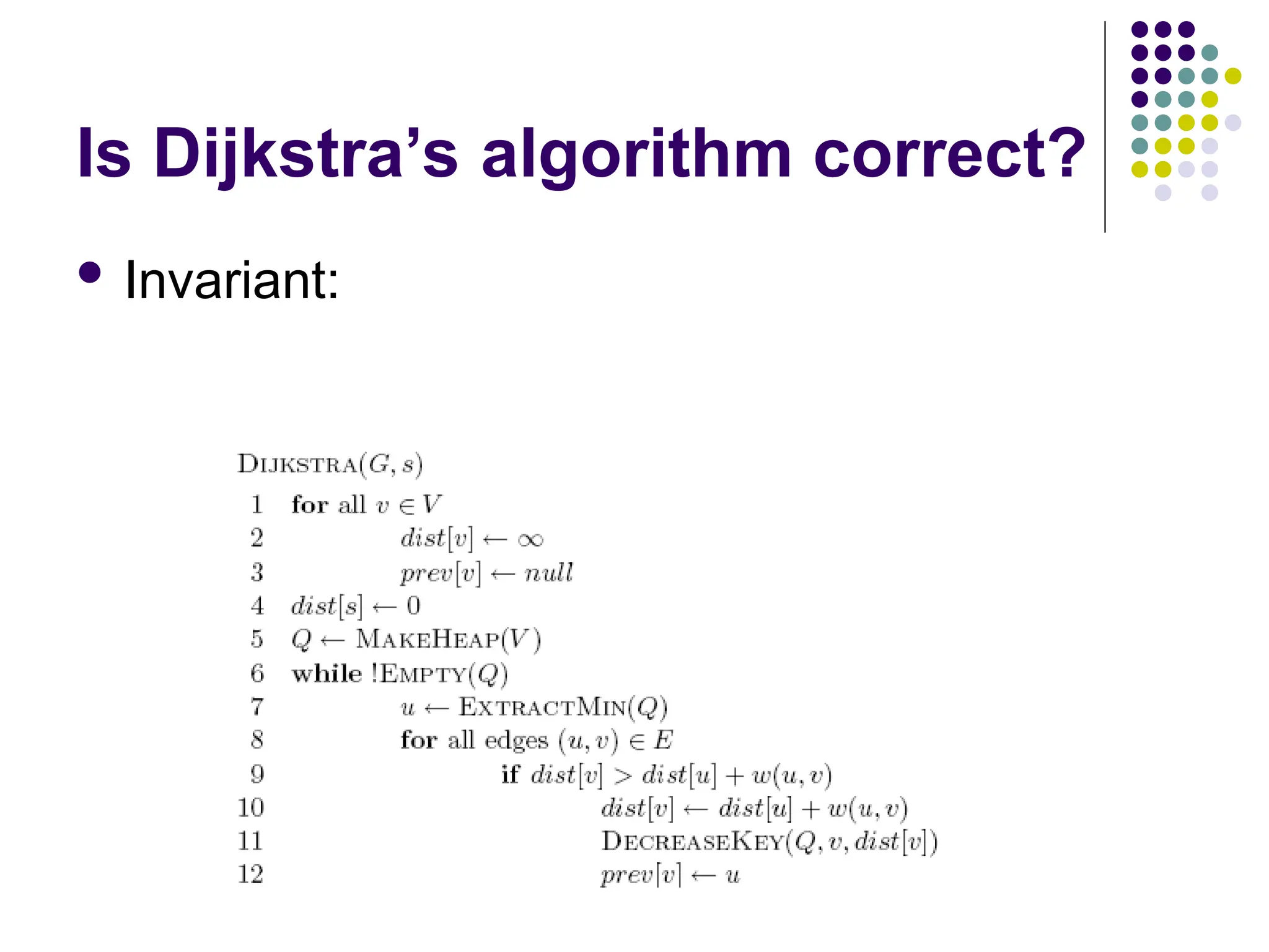 Is Dijkstra’s algorithm correct?
 Invariant:
 