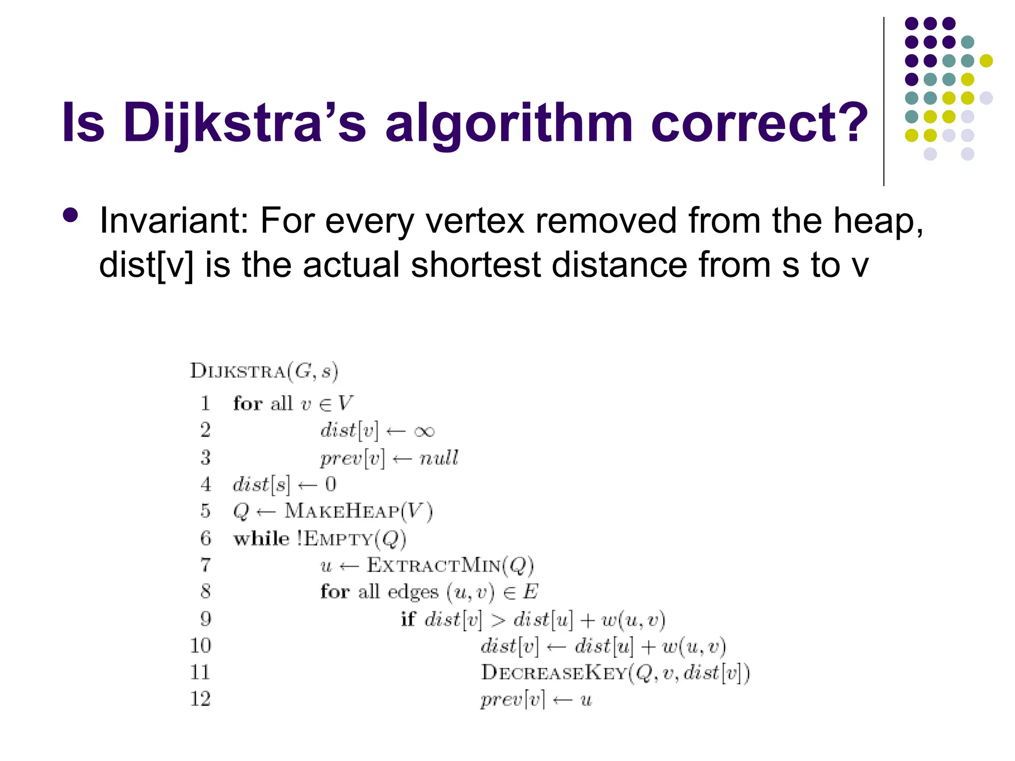 Is Dijkstra’s algorithm correct?
 Invariant: For every vertex removed from the heap,
dist[v] is the actual shortest distance from s to v
 