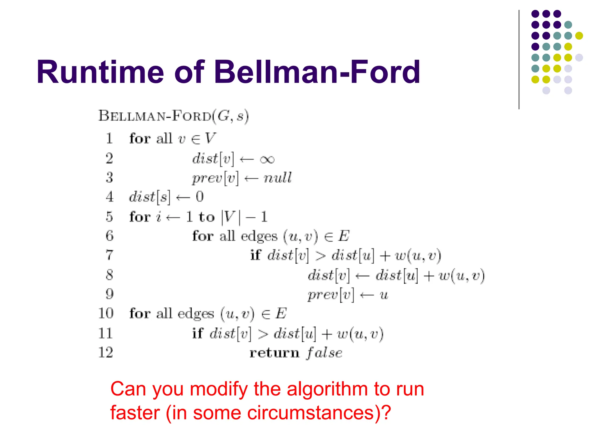 Runtime of Bellman-Ford
Can you modify the algorithm to run
faster (in some circumstances)?
 