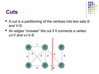 Cuts
 A cut is a partitioning of the vertices into two sets S
and V-S
 An edges “crosses” the cut if it connects a vertex
uV and vV-S
A
B D
C
4
1
2
3
4
F
E
5
4
6
4
 