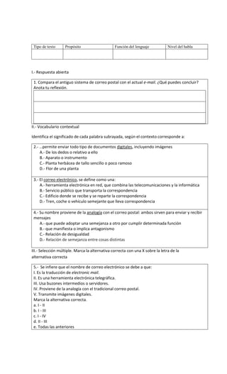 Tipo de texto Propósito Función del lenguaje Nivel del habla
I.- Respuesta abierta
1. Compara el antiguo sistema de correo postal con el actual e-mail. ¿Qué puedes concluir?
Anota tu reflexión.
II.- Vocabulario contextual
Identifica el significado de cada palabra subrayada, según el contexto corresponde a:
2.- …permite enviar todo tipo de documentos digitales, incluyendo imágenes
A.- De los dedos o relativo a ello
B.- Aparato o instrumento
C.- Planta herbácea de tallo sencillo o poco ramoso
D.- Flor de una planta
3.- El correo electrónico, se define como una:
A.- herramienta electrónica en red, que combina las telecomunicaciones y la informática
B.- Servicio público que transporta la correspondencia
C.- Edificio donde se recibe y se reparte la correspondencia
D.- Tren, coche o vehículo semejante que lleva correspondencia
4.- Su nombre proviene de la analogía con el correo postal: ambos sirven para enviar y recibir
mensajes
A.- que puede adoptar una semejanza a otro por cumplir determinada función
B.- que manifiesta o implica antagonismo
C.- Relación de desigualdad
D.- Relación de semejanza entre cosas distintas
III.- Selección múltiple. Marca la alternativa correcta con una X sobre la letra de la
alternativa correcta
5.- Se infiere que el nombre de correo electrónico se debe a que:
I. Es la traducción de electronic mail.
II. Es una herramienta electrónica telegráfica.
III. Usa buzones intermedios o servidores.
IV. Proviene de la analogía con el tradicional correo postal.
V. Transmite imágenes digitales.
Marca la alternativa correcta.
a. I - II
b. I - III
c. I - IV
d. II - III
e. Todas las anteriores
 