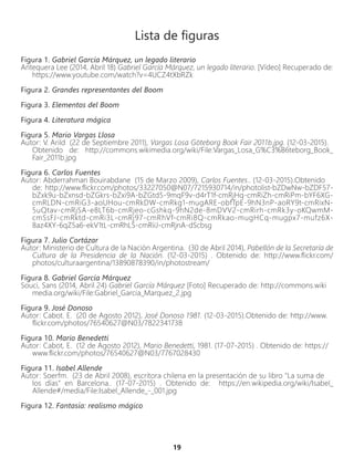 19
Lista de figuras
Figura 1. Gabriel García Márquez, un legado literario
Antequera Lee (2014, Abril 18) Gabriel García Márquez, un legado literario. [Vídeo] Recuperado de:
https://www.youtube.com/watch?v=4UCZ4tXbRZk
Figura 2. Grandes representantes del Boom
Figura 3. Elementos del Boom
Figura 4. Literatura mágica
Figura 5. Mario Vargas Llosa
Autor: V. Arild (22 de Septiembre 2011), Vargas Losa Göteborg Book Fair 2011b.jpg. (12-03-2015).
Obtenido de: http://commons.wikimedia.org/wiki/File:Vargas_Losa_G%C3%B6teborg_Book_
Fair_2011b.jpg
Figura 6. Carlos Fuentes
Autor: Abderrahman Bouirabdane (15 de Marzo 2009), Carlos Fuentes.. (12-03-2015).Obtenido
de: http://www.flickr.com/photos/33227050@N07/7215930714/in/photolist-bZDwNw-bZDF57-
bZxk9u-bZxnsd-bZGkrs-bZxi9A-bZGtd5-9mqF9v-d4rT1f-cmRjHq-cmRiZh-cmRiPm-bYF6XG-
cmRLDN-cmRiG3-aoUHou-cmRkDW-cmRkg1-mugARE-obfTpE-9hN3nP-aoRY9t-cmRixN-
5uQtav-cmRjSA-e8LT6b-cmRjeo-cGshkq-9hN2de-8mDVV2-cmRirh-cmRk3y-oKQwmM-
cmSsFJ-cmRktd-cmRi3L-cmRj97-cmRhVf-cmRi8Q-cmRkao-mugHCq-mugpx7-mufz6X-
8az4XY-6qZ5a6-ekV1tL-cmRhLS-cmRiiJ-cmRjnA-dScbsg
Figura 7. Julio Cortázar
Autor: Ministerio de Cultura de la Nación Argentina. (30 de Abril 2014), Pabellón de la Secretaría de
Cultura de la Presidencia de la Nación. (12-03-2015) . Obtenido de: http://www.flickr.com/
photos/culturaargentina/13890878390/in/photostream/
Figura 8. Gabriel García Márquez
Souci, Sans (2014, Abril 24) Gabriel García Márquez [Foto] Recuperado de: http://commons.wiki
media.org/wiki/File:Gabriel_Garcia_Marquez_2.jpg
Figura 9. José Donoso
Autor: Cabot. E. (20 de Agosto 2012), José Donoso 1981. (12-03-2015).Obtenido de: http://www.
flickr.com/photos/76540627@N03/7822341738
Figura 10. Mario Benedetti
Autor: Cabot, E. (12 de Agosto 2012), Mario Benedetti, 1981. (17-07-2015) . Obtenido de: https://
www.flickr.com/photos/76540627@N03/7767028430
Figura 11. Isabel Allende
Autor: Soerfm. (23 de Abril 2008), escritora chilena en la presentación de su libro "La suma de
los días" en Barcelona.. (17-07-2015) . Obtenido de: https://en.wikipedia.org/wiki/Isabel_
Allende#/media/File:Isabel_Allende_-_001.jpg
Figura 12. Fantasía: realismo mágico
 