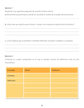 5
Ejercicio 1
Responde a las siguientes preguntas de acuerdo al texto anterior.
a. Movimiento que promueve y donde se consolida lo sentido de lo propio latinoamericano:
____________________________________________________________________________________________________
b. ¿Qué crees que significa para el boom romper con el esquema tradicional de la literatura?
____________________________________________________________________________________________________
____________________________________________________________________________________________________
____________________________________________________________________________________________________
c. ¿Cómo explicas que el postboom manifieste diferentes narrativas? Justifique su respuesta.
____________________________________________________________________________________________________
____________________________________________________________________________________________________
____________________________________________________________________________________________________
Ejercicio 2
Construya un cuadro comparativo en el cual se puedan conocer las diferencias entre los dos
movimientos.
Concepto
Contexto
Boom Postboom
Definición
 
