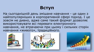 Вступ
На сьогоднішній день змішане навчання - це один з
найпопулярніших в корпоративній сфері підход. І це
зовсім не дивно, адже саме такий формат дозволяє
використовувати всі переваги електронного
навчання, не втрачаючи при цьому і сильних сторін
навчання «живого», традиційного.
 