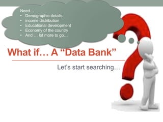 Let’s start searching…
What if… A “Data Bank”
Need…
• Demographic details
• income distribution
• Educational development
• Economy of the country
• And … lot more to go…
 