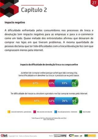 Impacto negativo
A diﬁculdade enfrentada pelos consumidores nos processos de troca e
devolução tem impacto negativo para as empresas e para o e-commerce
como um todo. Quase metade dos entrevistados aﬁrmou que deixaram de
comprar nas lojas em que tiveram problemas. A mesma quantidade de
pessoas declarou que ter tido diﬁculdades com a troca/devolução fez com que
comprassem menos pela internet.
Capítulo 2
Apoio:Copyright E-bit - Todos os Direitos Reservados
27
 