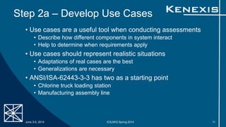 Step 2a – Develop Use Cases
• Use cases are a useful tool when conducting assessments
• Describe how different components in system interact
• Help to determine when requirements apply
• Use cases should represent realistic situations
• Adaptations of real cases are the best
• Generalizations are necessary
• ANSI/ISA-62443-3-3 has two as a starting point
• Chlorine truck loading station
• Manufacturing assembly line
June 3-5, 2014 ICSJWG Spring 2014 11
 