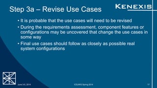 Step 3a – Revise Use Cases
• It is probable that the use cases will need to be revised
• During the requirements assessment, component features or
configurations may be uncovered that change the use cases in
some way
• Final use cases should follow as closely as possible real
system configurations
June 3-5, 2014 ICSJWG Spring 2014 17
 