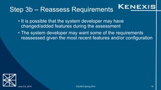Step 3b – Reassess Requirements
• It is possible that the system developer may have
changed/added features during the assessment
• The system developer may want some of the requirements
reassessed given the most recent features and/or configuration
June 3-5, 2014 ICSJWG Spring 2014 18
 