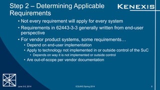 Step 2 – Determining Applicable
Requirements
• Not every requirement will apply for every system
• Requirements in 62443-3-3 generally written from end-user
perspective
• For vendor product systems, some requirements…
• Depend on end-user implementation
• Apply to technology not implemented in or outside control of the SuC
• Depends on way it is not implemented or outside control
• Are out-of-scope per vendor documentation
June 3-5, 2014 ICSJWG Spring 2014 8
 