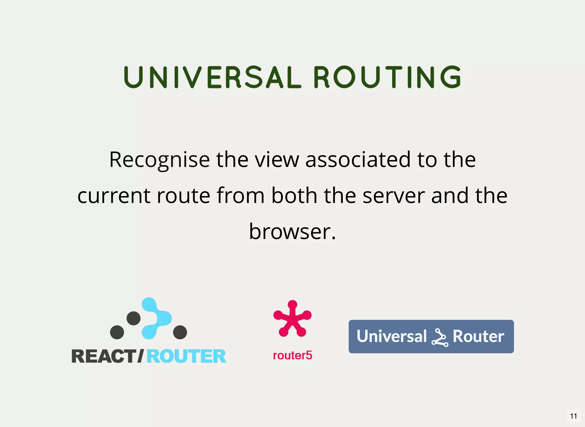 UNIVERSAL ROUTING Recognise the view associated to the current route from both the server and the browser. 11 