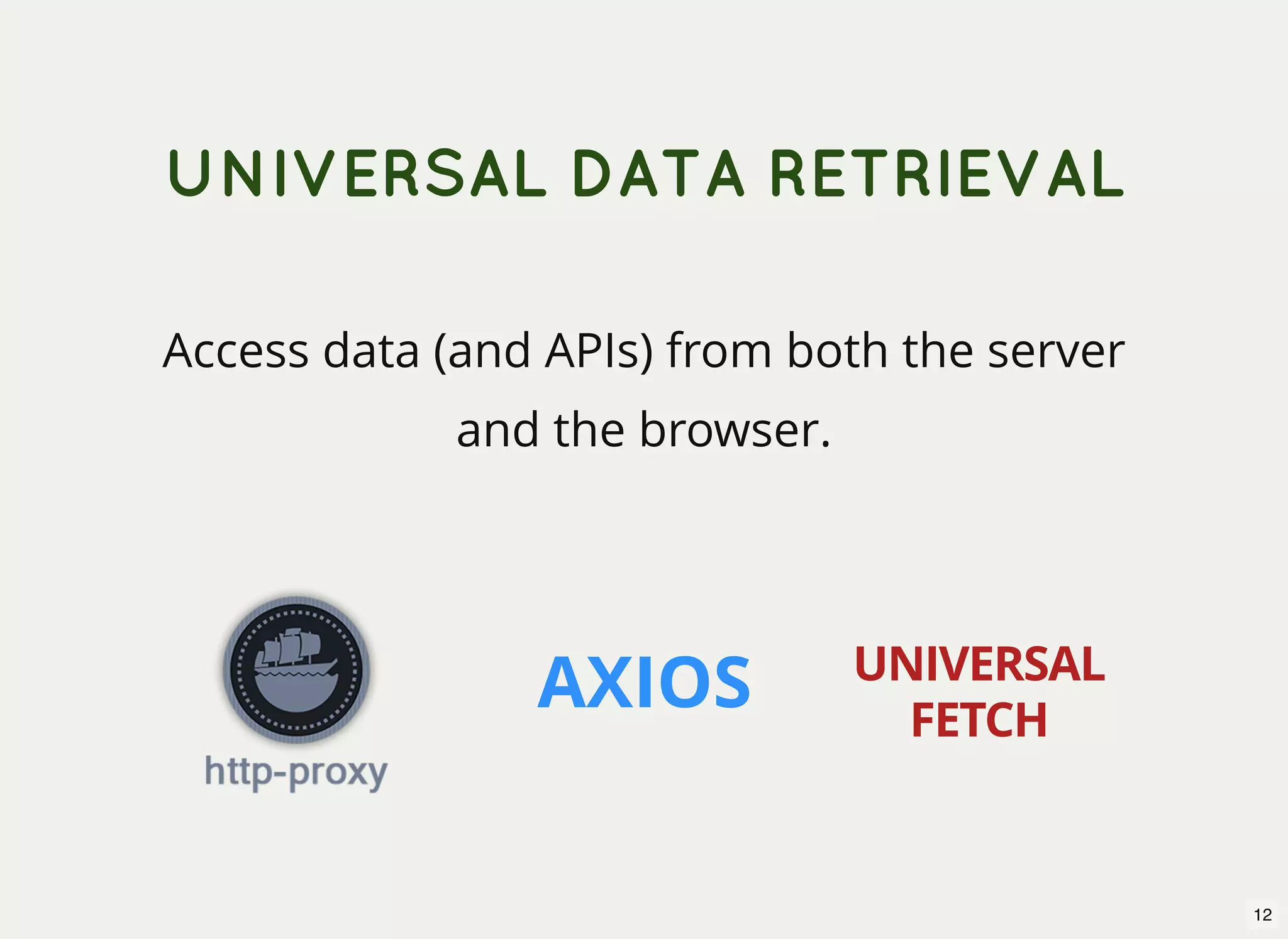 UNIVERSAL DATA RETRIEVAL Access data (and APIs) from both the server and the browser. AXIOS UNIVERSAL FETCH 12 