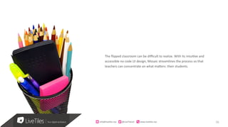 10
The flipped classroom can be difficult to realize. With its intuitive and
accessible no code UI design, Mosaic streamlines the process so that
teachers can concentrate on what matters: their students.
info@live)les.nyc										@LiveTilesUI											www.live)les.nyc	
 